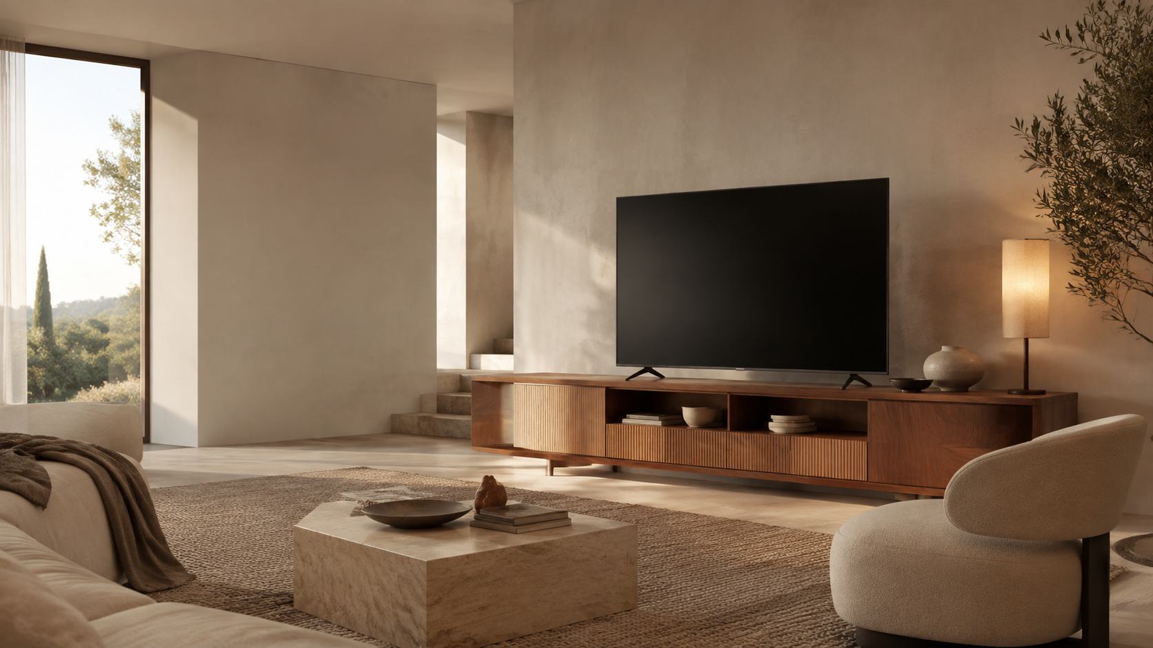 Salon contemporain avec meuble TV et table basse
