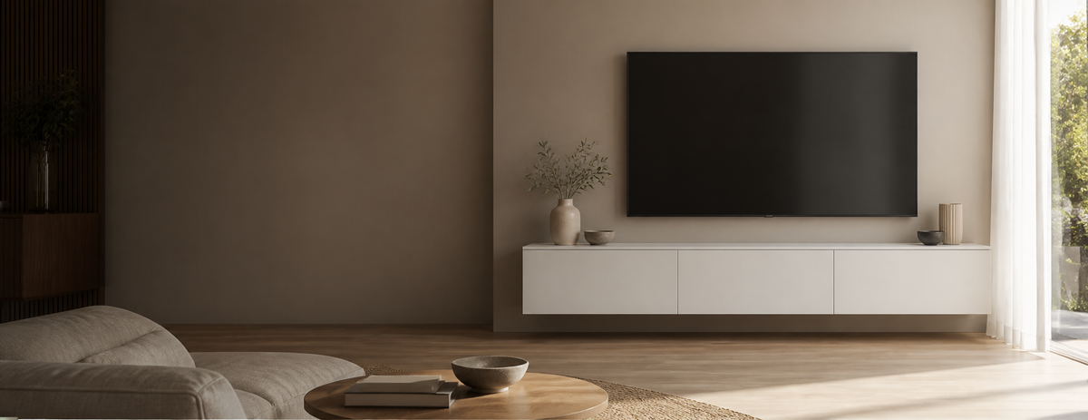 Salon premium avec meuble TV suspendu blanc à trois rangements