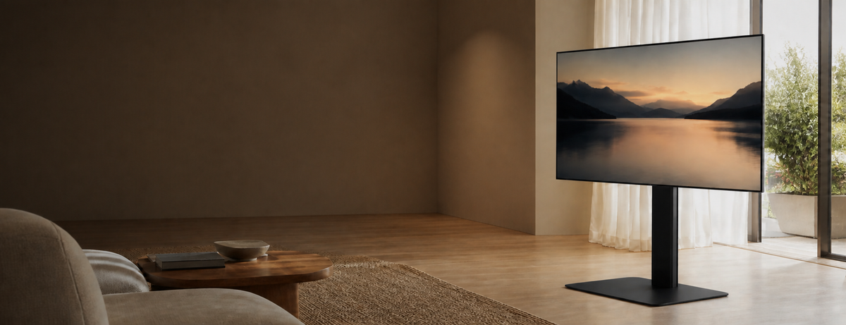 Salon premium avec téléviseur installé sur un support TV sur pied