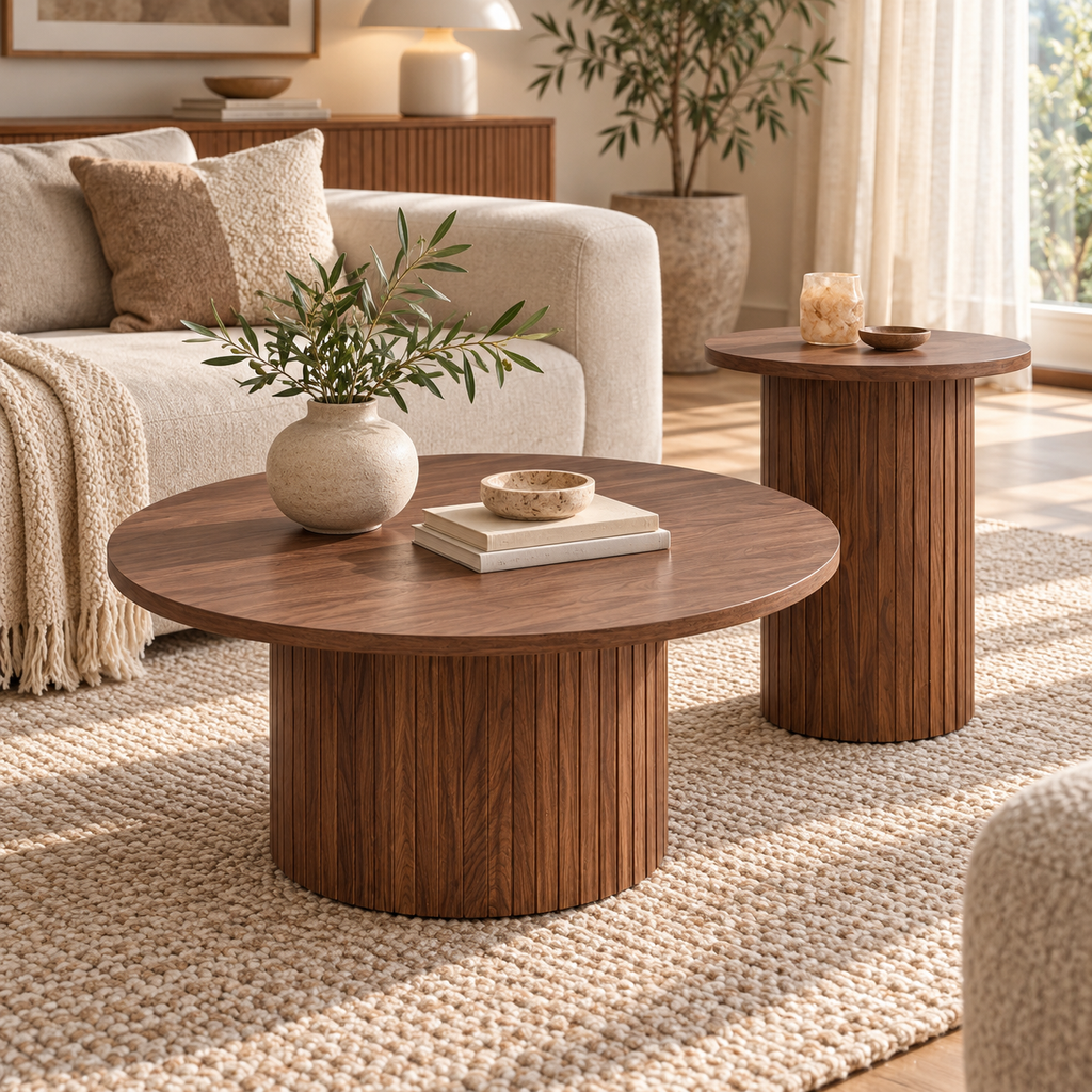 Duo Lumo de tables basses rondes finition bois foncé dans un salon chaleureux