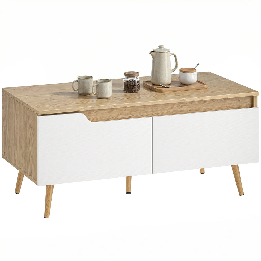 Table basse Aino en chêne clair et blanc avec deux tiroirs, vue de face sur fond blanc