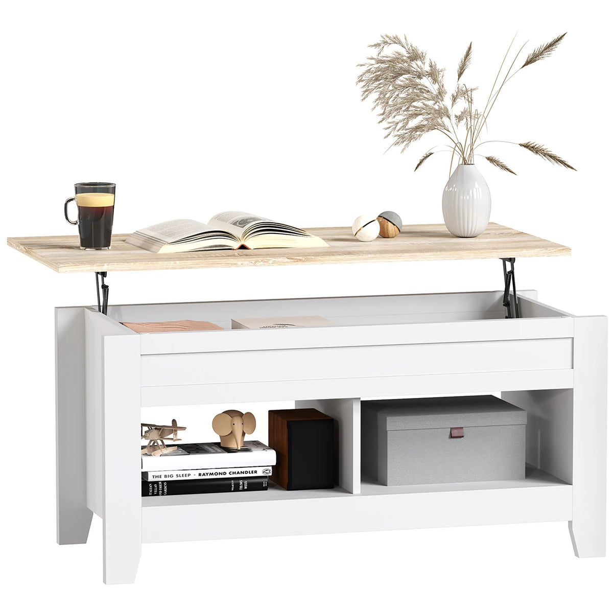 Table basse relevable Lunden blanche avec plateau effet bois naturel relevé sur fond blanc