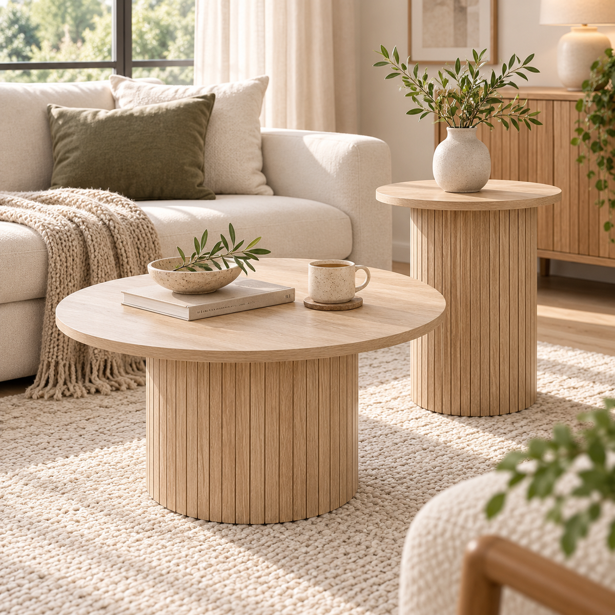 Duo de tables rondes Lumo finition bois clair devant un canapé blanc