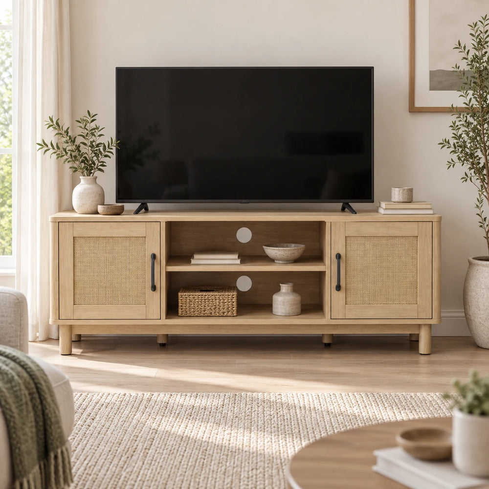 Meuble TV Alva 135 cm avec télévision éteinte dans un salon