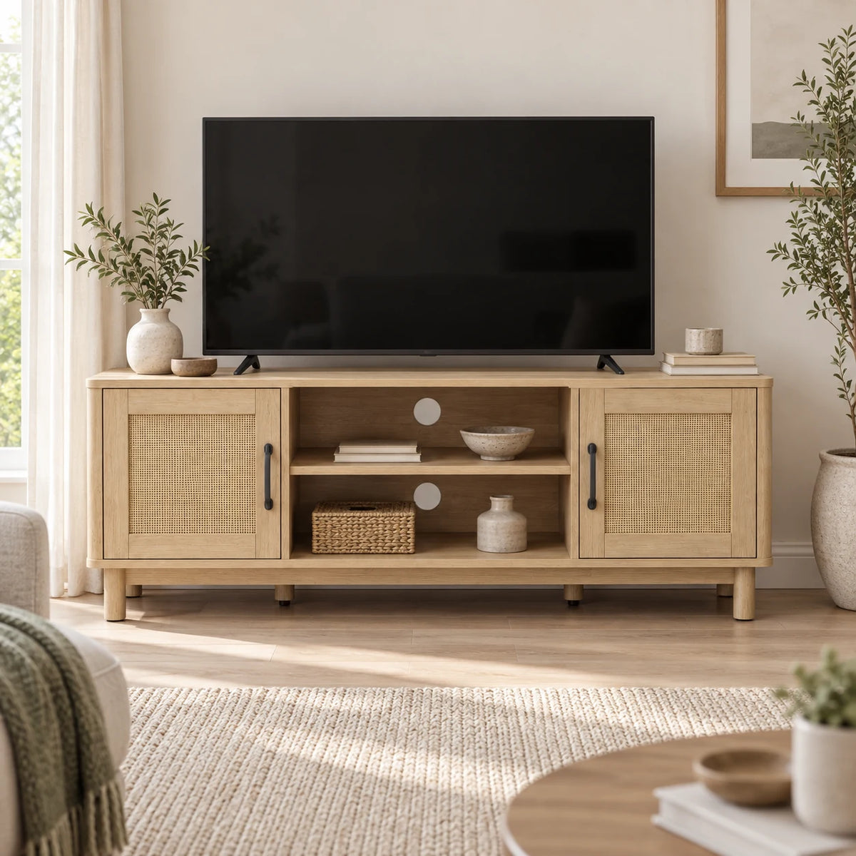 Meuble TV Alva 135 cm avec télévision éteinte dans un salon