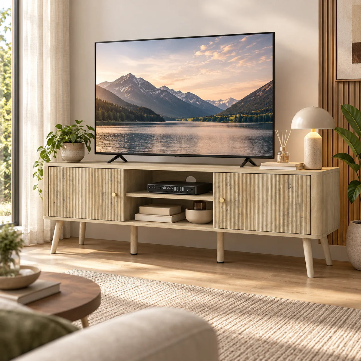 Meuble TV Solen 140 cm chêne dans un salon lumineux