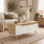 Table basse Aino en chêne clair et blanc dans un salon scandinave lumineux