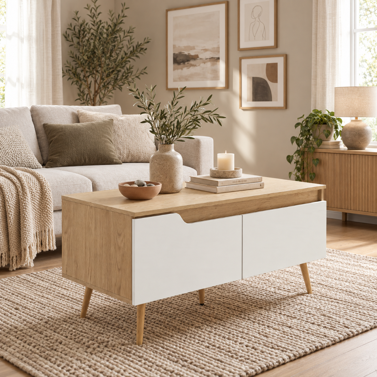 Table basse Aino en chêne clair et blanc dans un salon scandinave lumineux