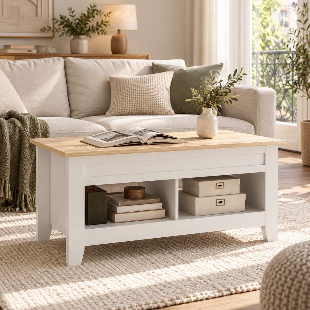Table basse Lunden fermée, plateau effet bois naturel et deux niches ouvertes devant un canapé clair