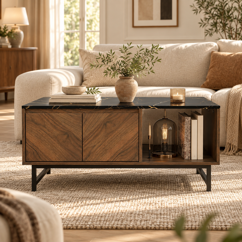 Table basse Svala fermée dans un salon lumineux aux tons naturels