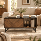 Table basse Svala fermée dans un salon lumineux aux tons naturels