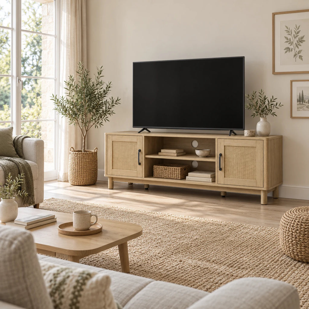 Meuble TV Alva en chêne et rotin dans un salon lumineux