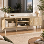 Meuble TV Solen avec placard ouvert et rangements multimédias