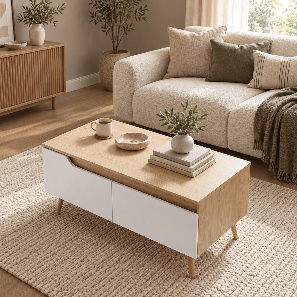 Table basse Aino avec deux tiroirs blancs, vue en trois quarts dans un salon naturel