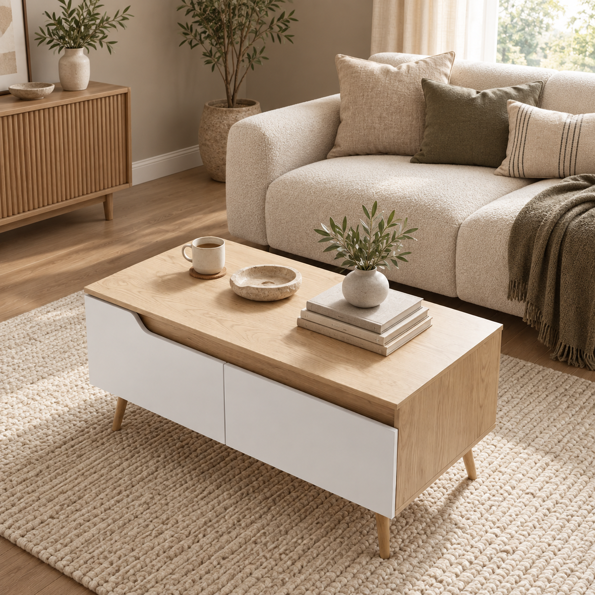 Table basse Aino avec deux tiroirs blancs, vue en trois quarts dans un salon naturel