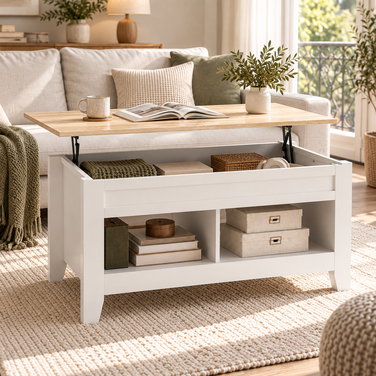 Table basse Lunden avec plateau relevé et rangement intérieur ouvert dans un salon lumineux