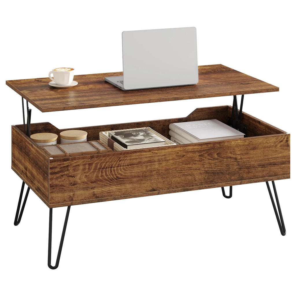 Table basse Norrvik avec plateau relevé et compartiment de rangement visible sur fond blanc