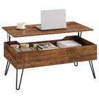 Table basse Norrvik avec plateau relevé et compartiment de rangement visible sur fond blanc