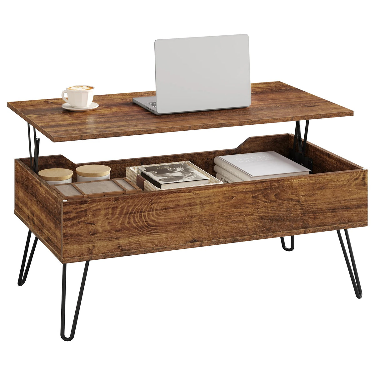 Table basse Norrvik avec plateau relevé et compartiment de rangement visible sur fond blanc