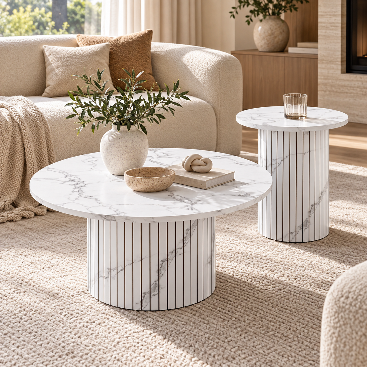 Duo Lumo de tables rondes blanches en MDF à décor effet marbre