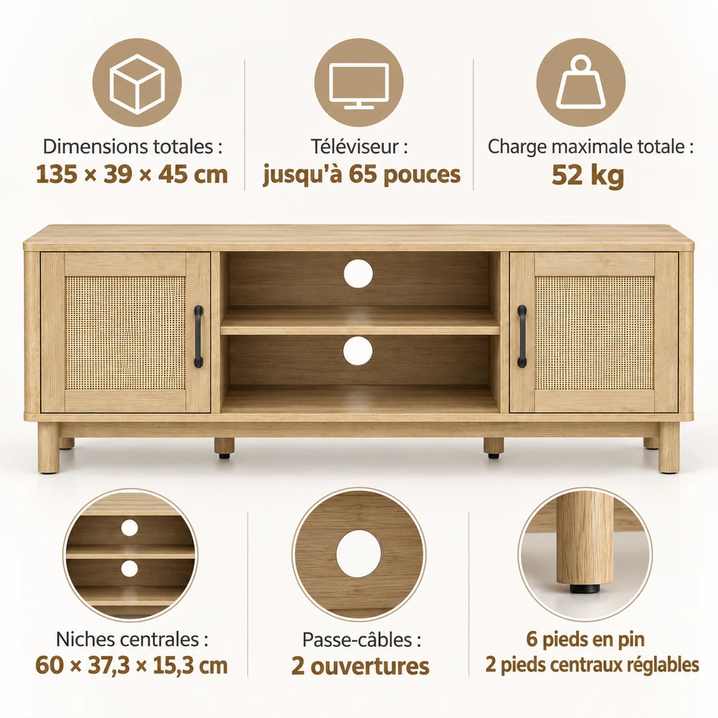 Dimensions et caractéristiques du meuble TV Alva 135 cm