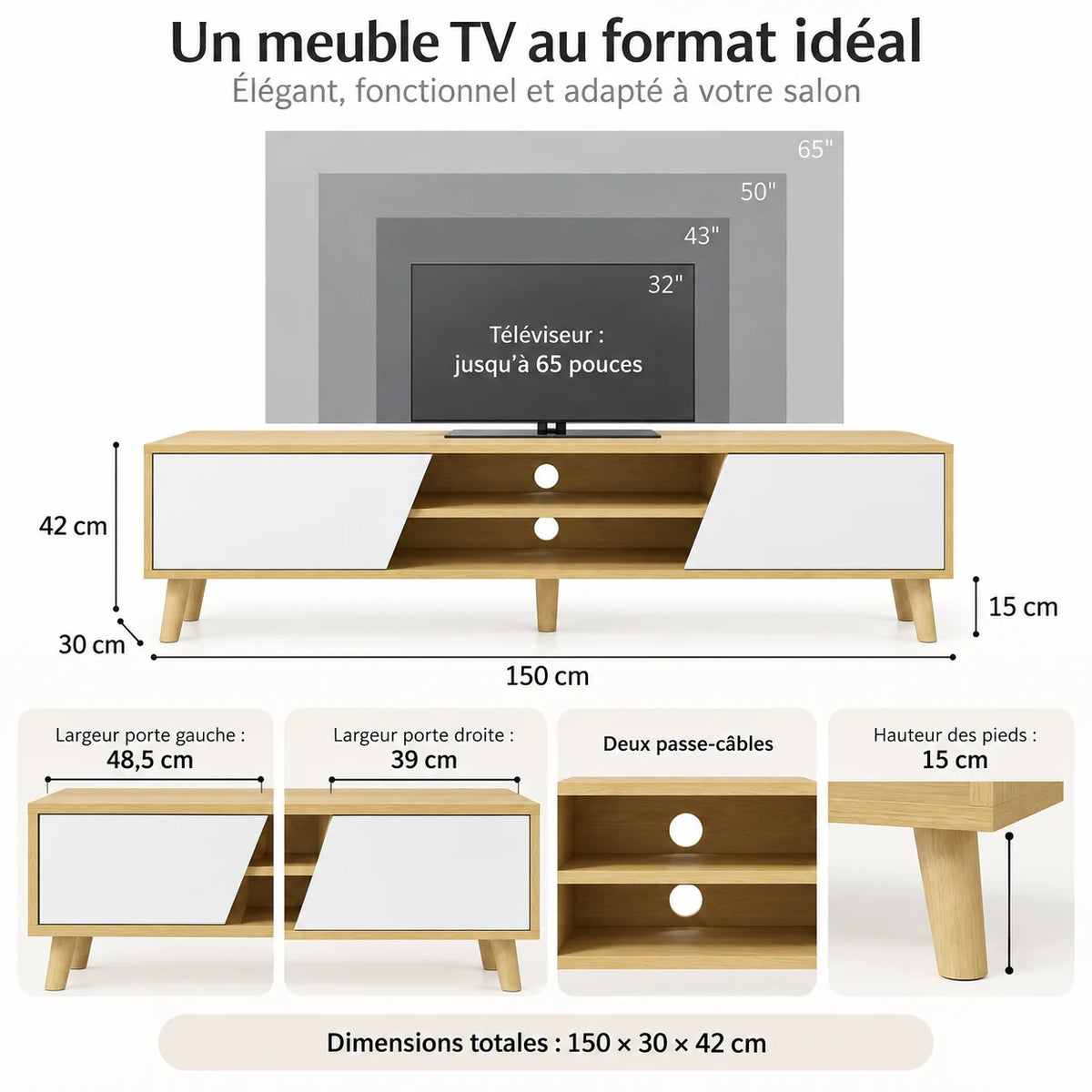 Dimensions du meuble TV Eira 150 cm bois naturel et blanc