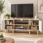 Rangements du meuble TV Svea avec portes ouvertes et équipements multimédias
