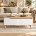 Vue frontale de la table basse Aino avec ses deux tiroirs blancs fermés