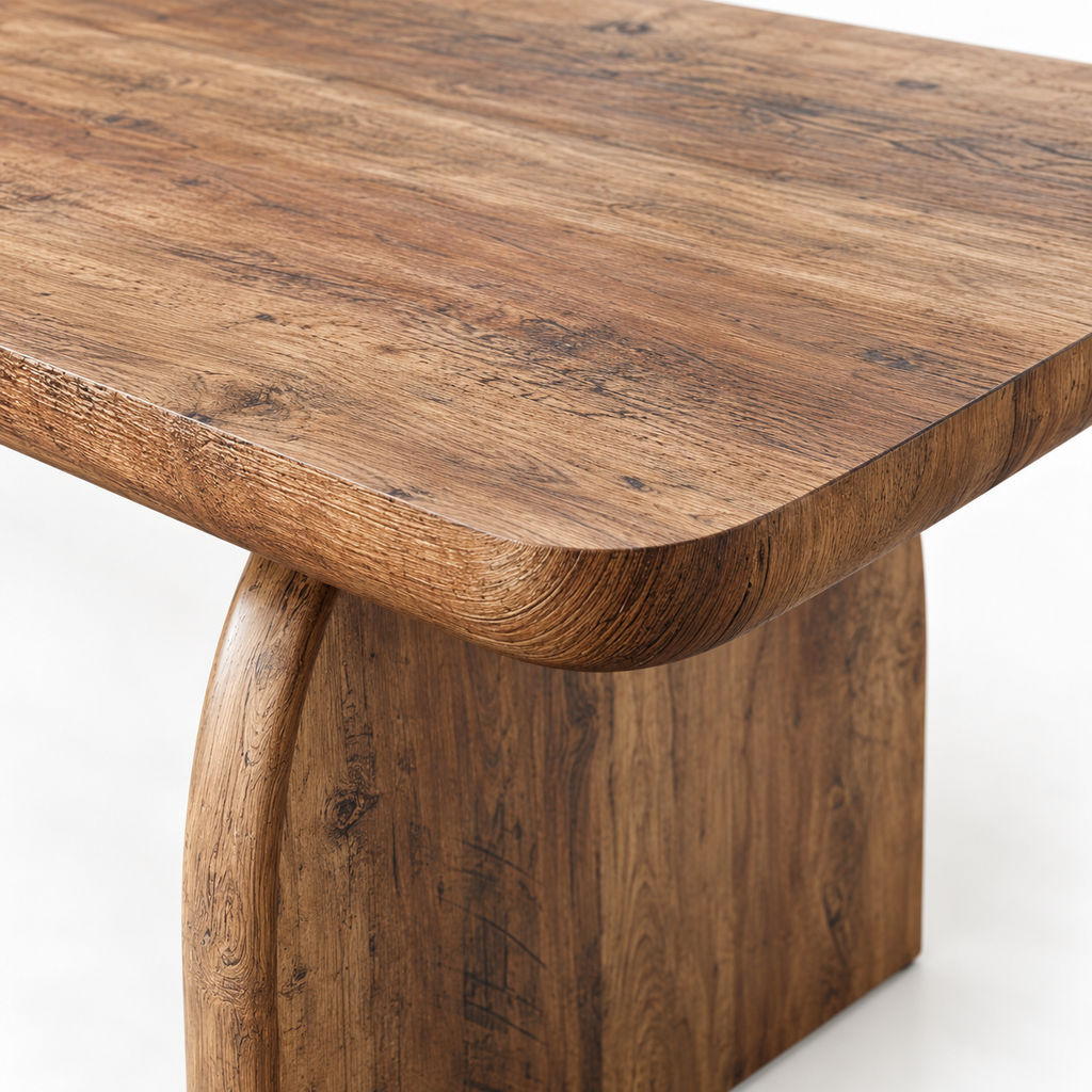 Détail du plateau brun rustique et de l’angle arrondi de la table basse Haldor