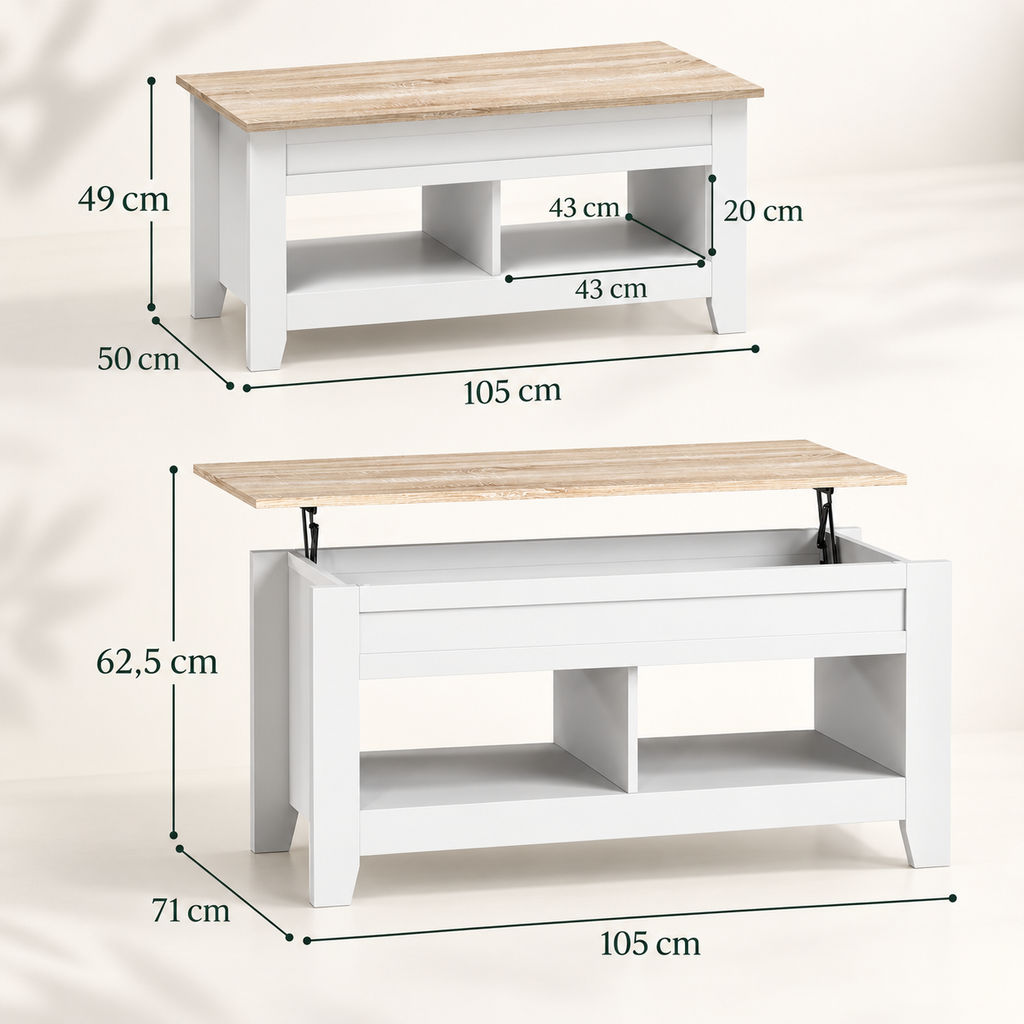 Dimensions de Lunden fermée 105 × 50 × 49 cm et relevée 105 × 71 × 62,5 cm