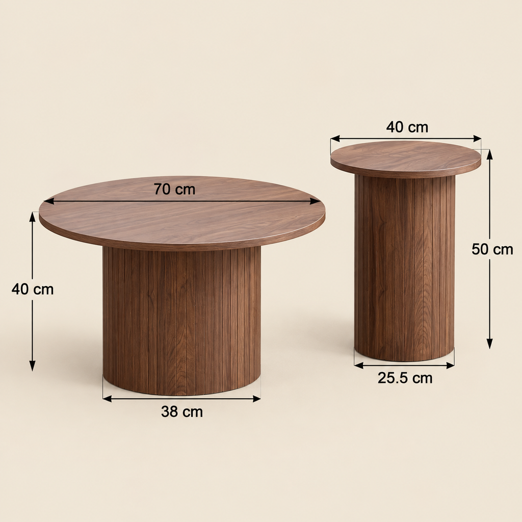 Dimensions des tables Lumo : grande Ø 70 × H 40 cm, petite Ø 40 × H 50 cm