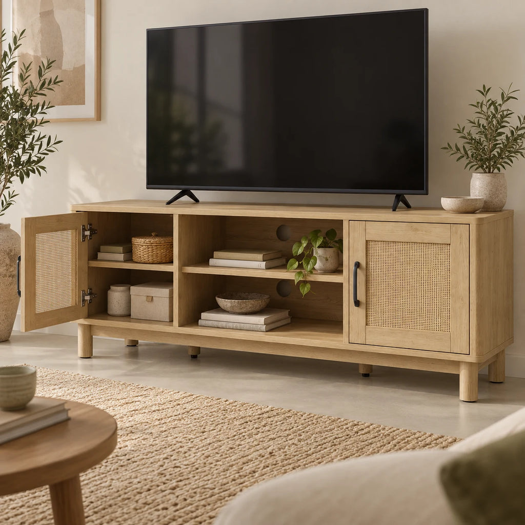 Meuble TV Alva avec porte en rotin ouverte et rangements
