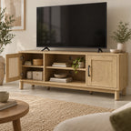 Meuble TV Alva avec porte en rotin ouverte et rangements