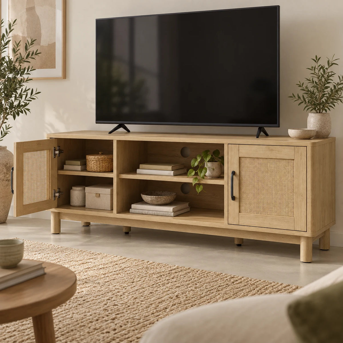 Meuble TV Alva avec porte en rotin ouverte et rangements