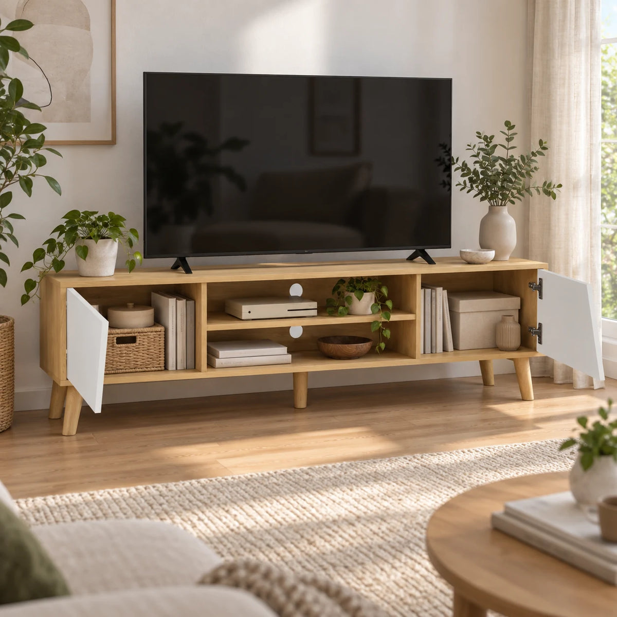 Meuble TV Eira avec deux portes ouvertes et rangements