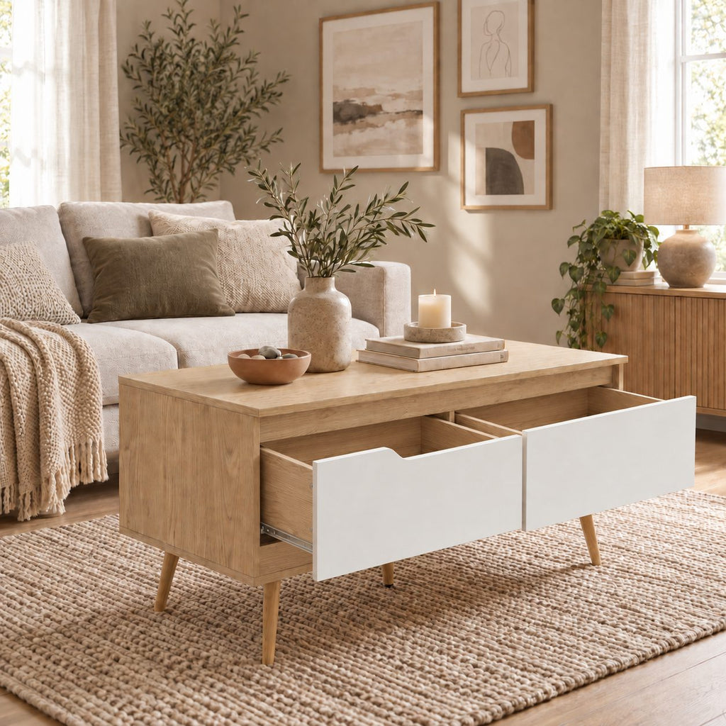 Table basse Aino avec ses deux tiroirs ouverts, le tiroir droit doté d’une façade rectangulaire uniforme