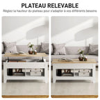 Table basse Lunden montrée avec son plateau fermé puis relevé