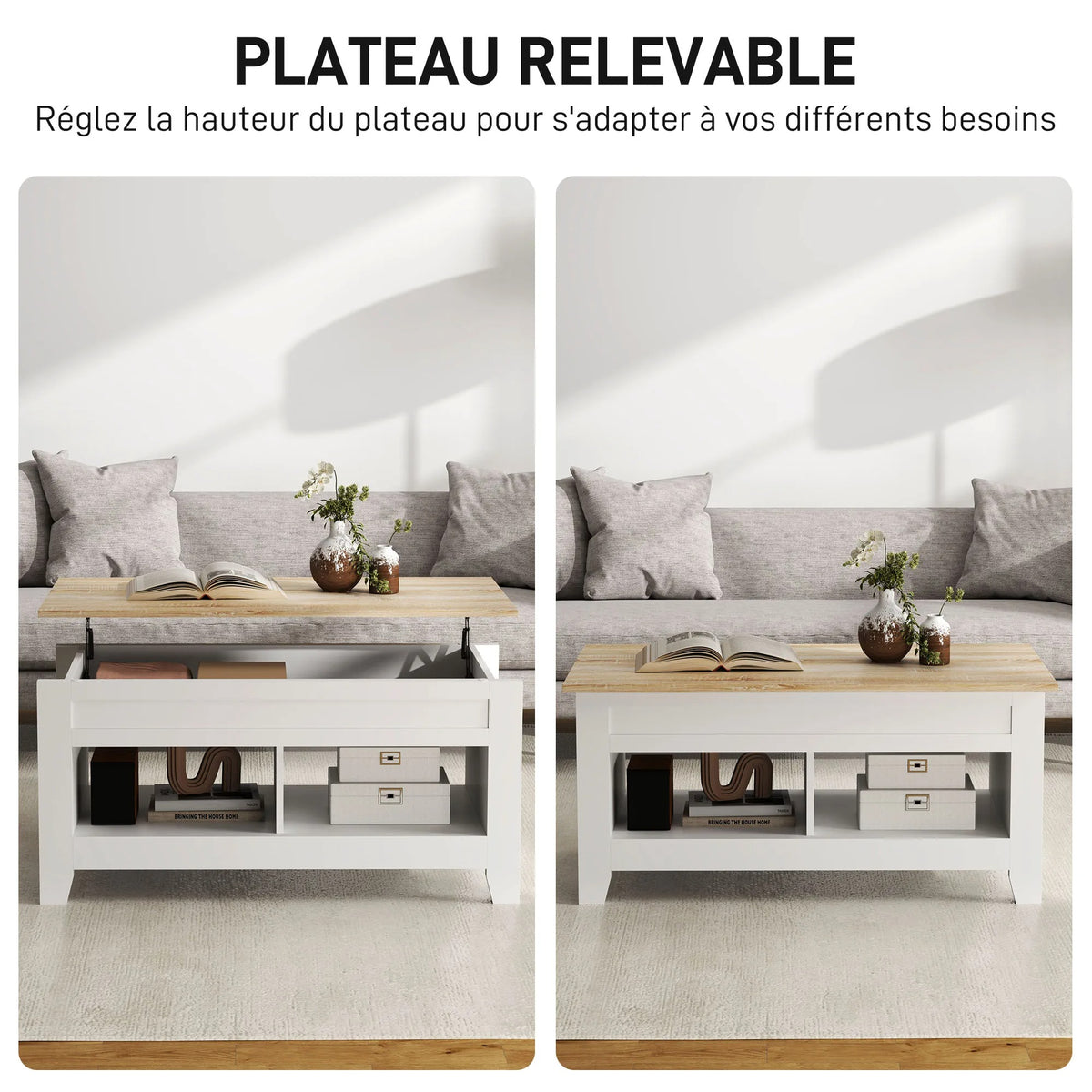Table basse Lunden montrée avec son plateau fermé puis relevé
