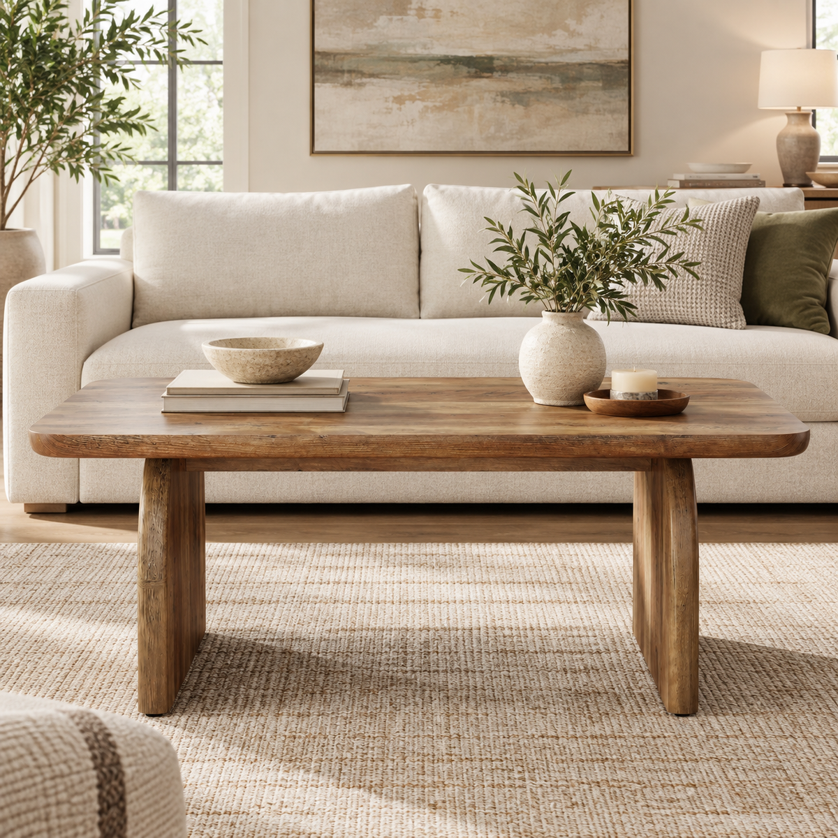 Table basse Haldor brun rustique de face devant un canapé clair