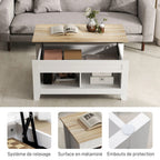 Détails du mécanisme métallique, du plateau mélaminé et des pieds de la table basse Lunden