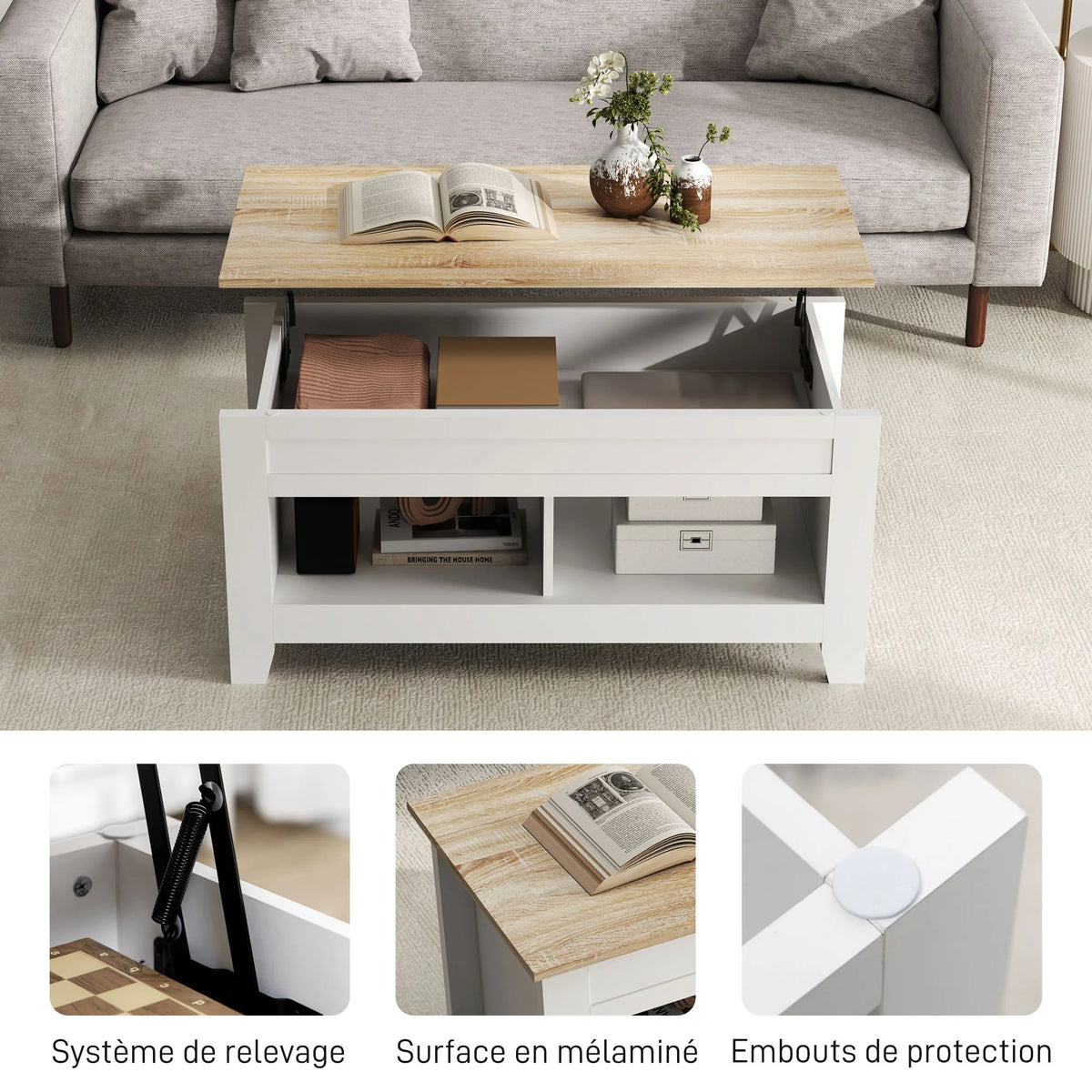 Détails du mécanisme métallique, du plateau mélaminé et des pieds de la table basse Lunden