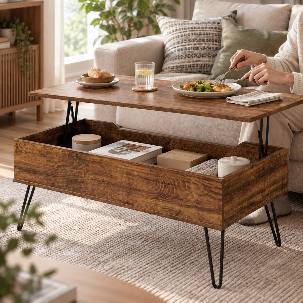 Plateau relevé de Norrvik utilisé pour un repas léger près du canapé