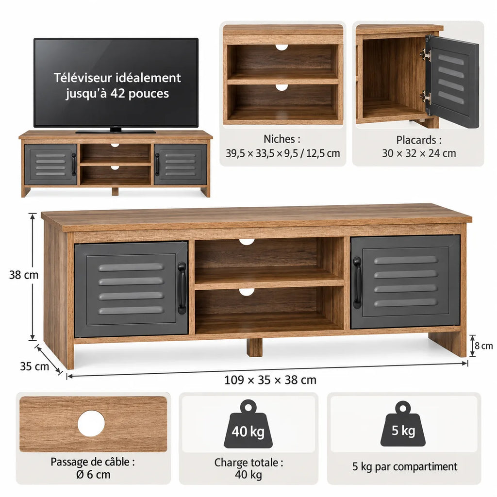Dimensions et charges du meuble TV Elvar 109 x 35 x 38 cm