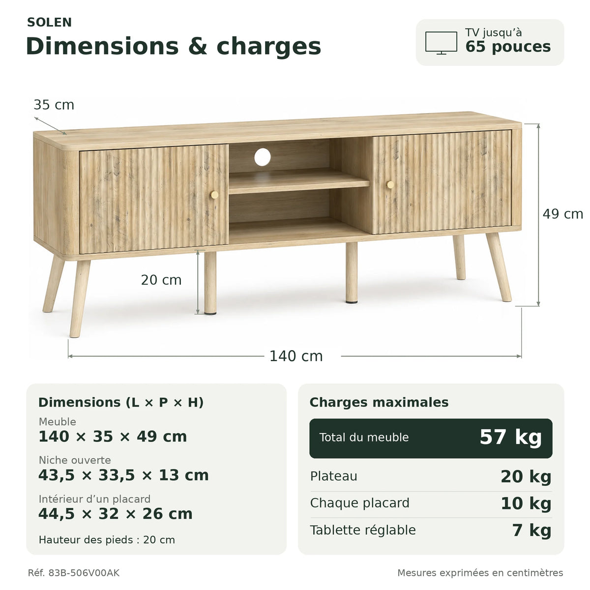 Dimensions et charges maximales du meuble TV Solen 140 cm