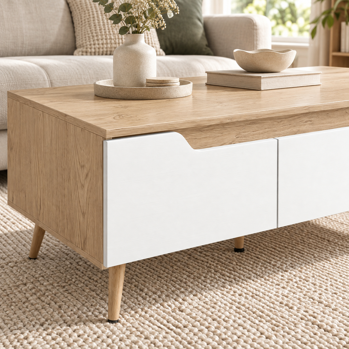 Détail de la finition chêne clair et des façades blanches de la table basse Aino