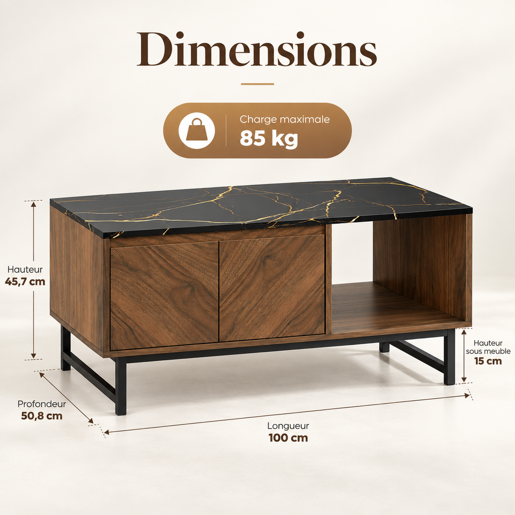 Dimensions de la table basse Svala 100 cm et charge maximale 85 kg