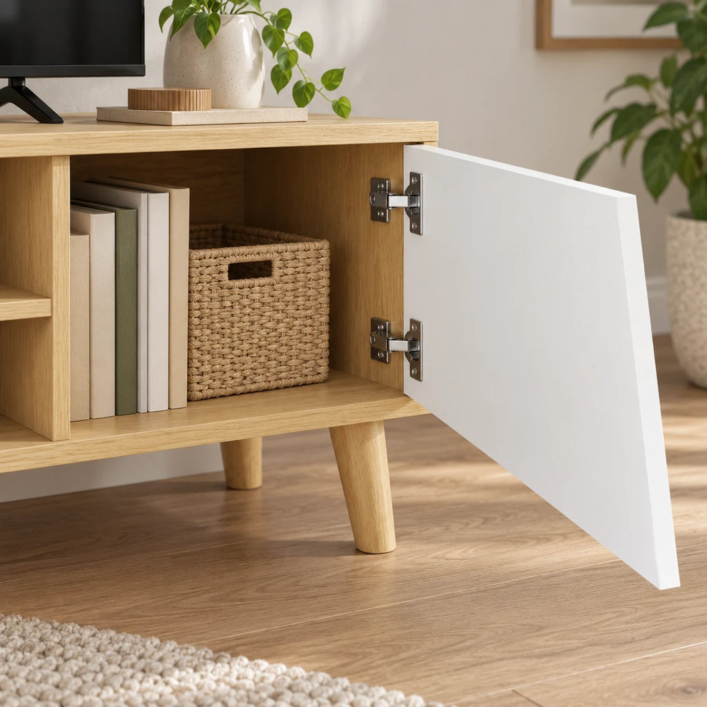 Charnières de la porte blanche du meuble TV Eira