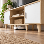 Espace sous le meuble TV Svea permettant le passage d'un aspirateur robot