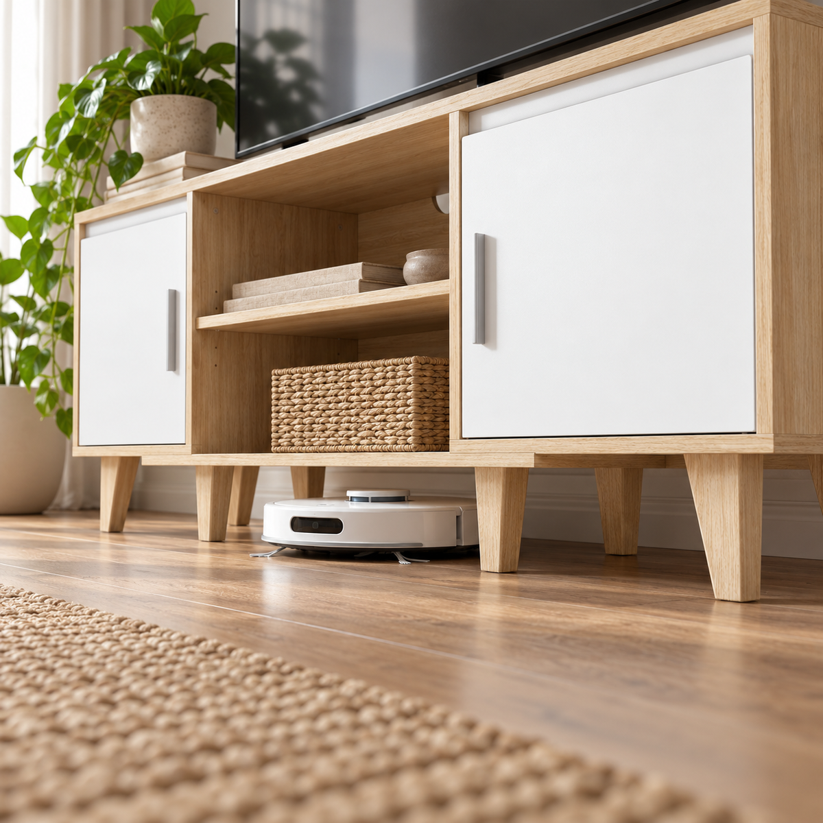 Espace sous le meuble TV Svea permettant le passage d'un aspirateur robot