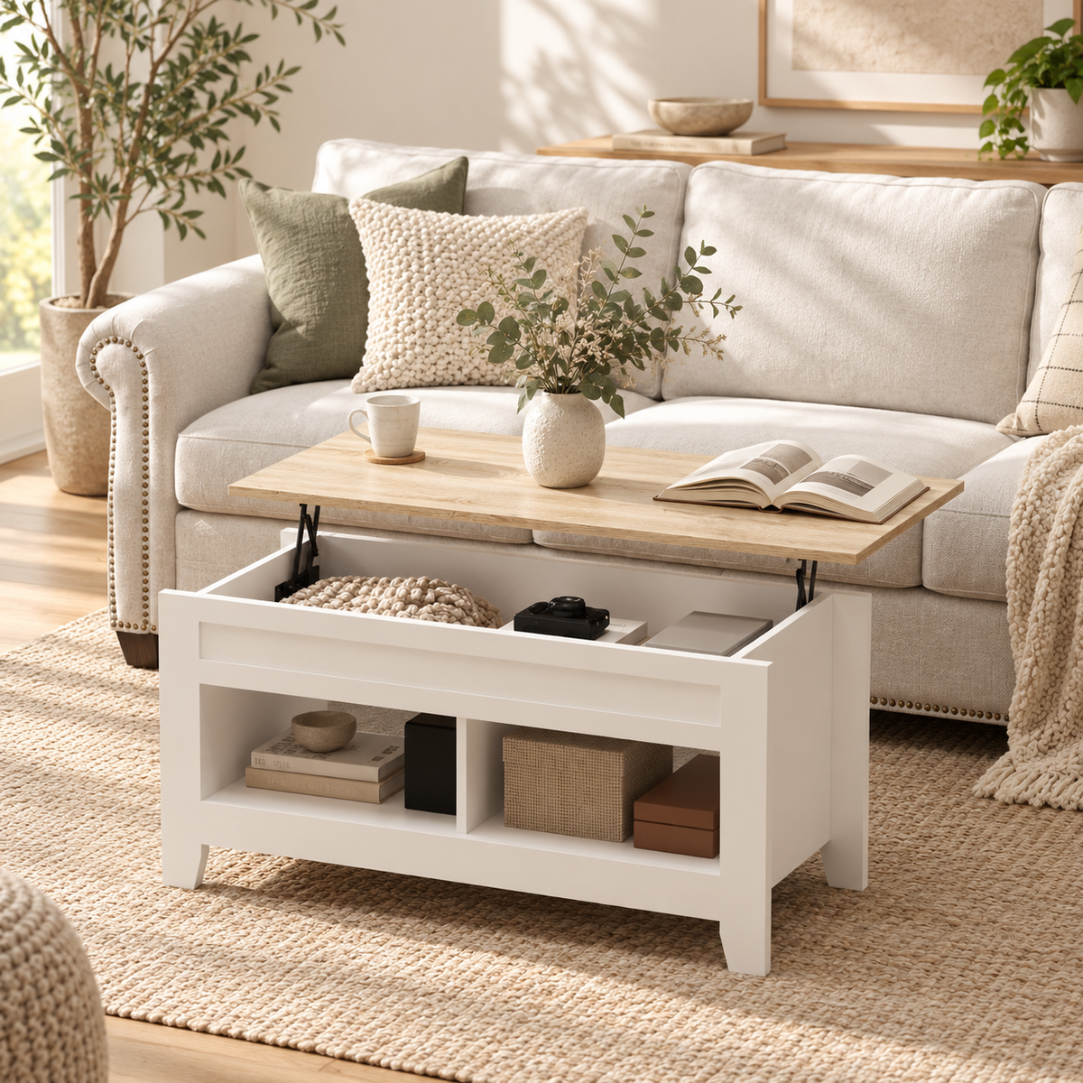 Table basse Lunden ouverte avec ses deux niches et son rangement sous le plateau